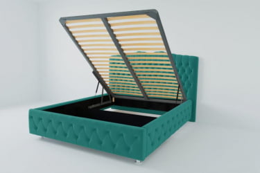 Мягкая интерьерная кровать "Нягань" с подъемным механизмом Материал фасада: Велюр; Спальное место: 1600х2000 мм; Цвет фасада: Бирюзовый; Цвет корпуса: Бирюзовый 