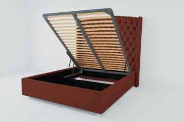 Мягкая интерьерная кровать "Берлин Люкс" с подъемным механизмом Материал фасада: Велюр; Спальное место: 1800х2000 мм; Цвет фасада: Бордо; Цвет корпуса: Бордо 