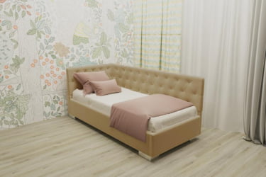 ДЕТСКАЯ МЯГКАЯ ИНТЕРЬЕРНАЯ КРОВАТЬ ВЕРСАЛЬ С ОРТОПЕДИЧЕСКИМ ОСНОВАНИЕМ (BERHOUSE) Цвет фасада: Светло коричневый; Материал фасада: Металл/Велюр; Спальное место: 800х1900