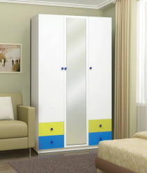 Шкаф 3-х дверный с ящиками и зеркалом Радуга Белый/Ярко-розовый/Синий