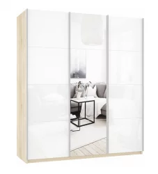 Шкаф-купе трехдверный Прайм 1800 Белое стекло/Зеркало/Белое стекло Дуб сонома