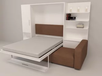 Кровать-трансформер Смарт 1 левый с полкой и пуфом 1600 Ясень шимо темный