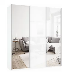 Шкаф-купе трехдверный Прайм 2100 Зеркало/Белое стекло/Зеркало Белый снег