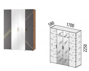 Шкаф четырехдверный с зеркалом (лев/прав) Монако 902.14 Дуб Вотан Графит