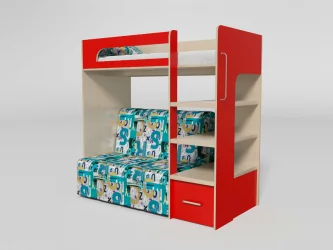 Кровать 2х ярусная №10 с диваном-Аккордеон Дуб молочный/Красный