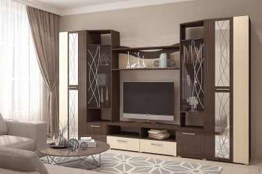 Классическая стенка в гостиную Гамма с зеркалами Венге Дуб