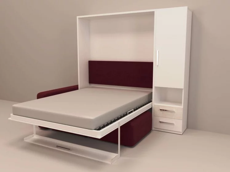 Шкаф-диван-кровать Смарт 1 правый с пуфом 1600 Белая шагрень_1