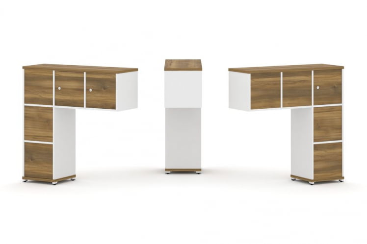 Надставка на стол низкая двухсторонняя + задняя стенка (5 шт.) + блок с 1-м ящиком (2 шт.) + распашной фасад (3 шт.) CONCEPT CN.DNN-006 Сандал Янтарный Белый бриллиант Белый металл_0