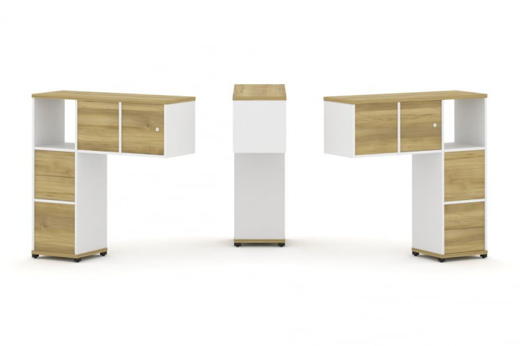 Надставка на стол низкая двухсторонняя + задняя стенка (4 шт.) + блок с 2-мя ящиками (2 шт.) + распашной фасад (2 шт.) CONCEPT CN.DNN-004 Дуб Винченцо Белый бриллиант Черный металл_0