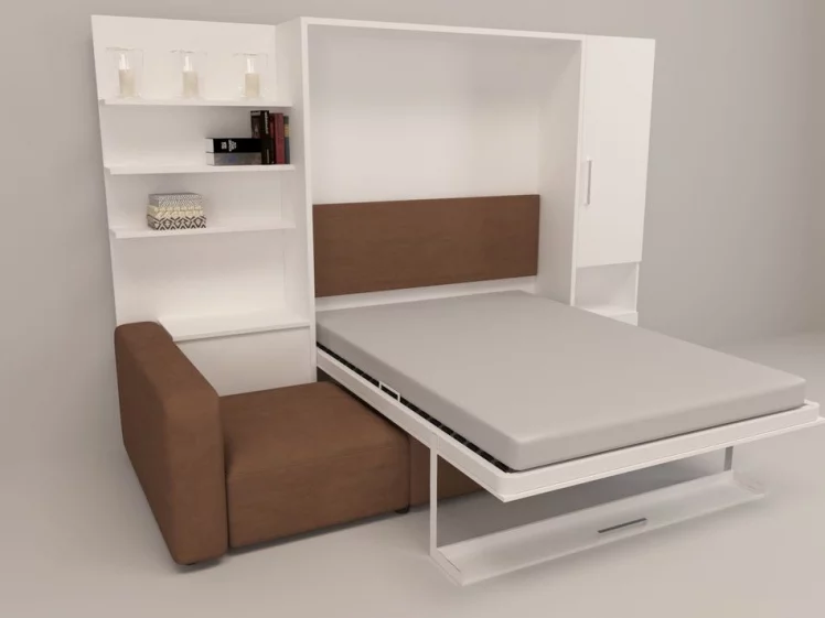 Шкаф-диван-кровать Смарт 1 правый с полкой и пуфом 1400 Ясень шимо темный_1