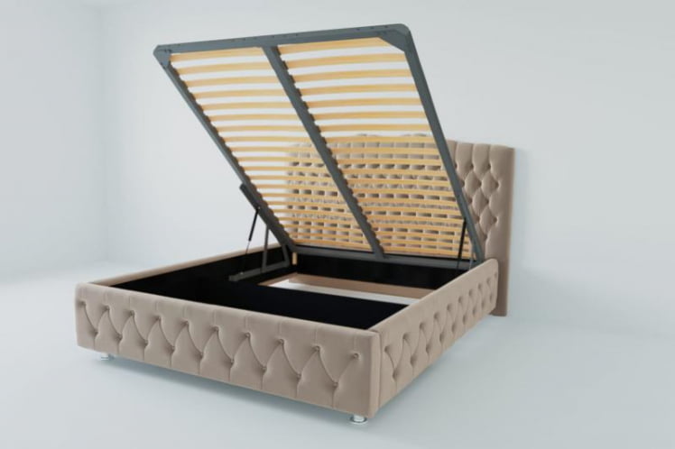 Мягкая интерьерная кровать "Нягань" с подъемным механизмом Материал фасада: Велюр; Спальное место: 900х2000 мм; Цвет фасада: Светло-серый; Цвет корпуса: Светло-серый _0