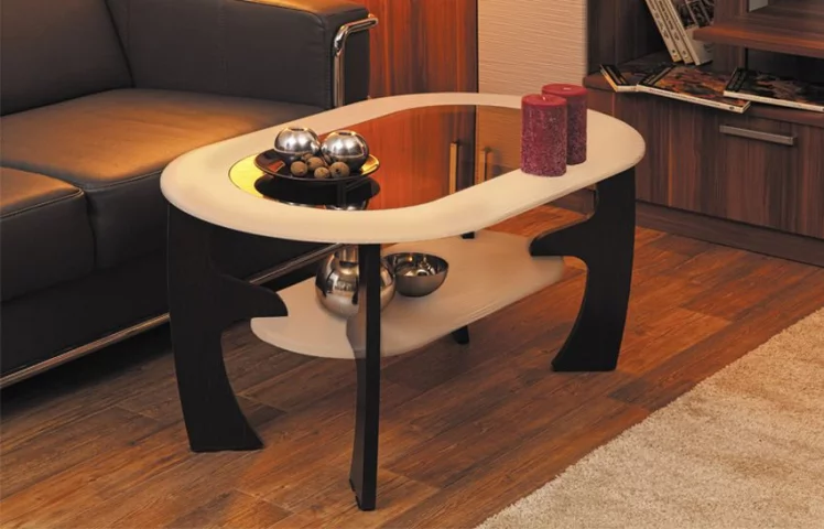 Стол журнальный со вставкой из стекла овальный Дуб беленый Венге_0