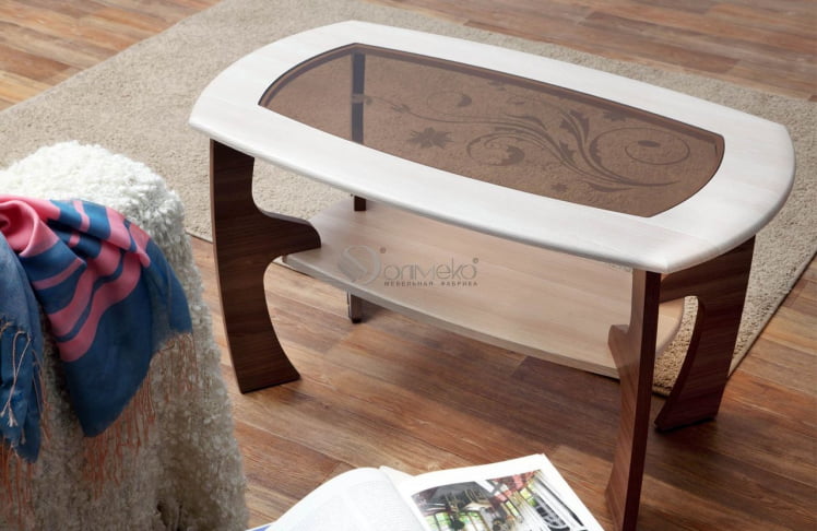 Стол журнальный Маджеста-3 с пескоструйным рисунком Ясень Шимо темный/ясень Шимо светлый_0