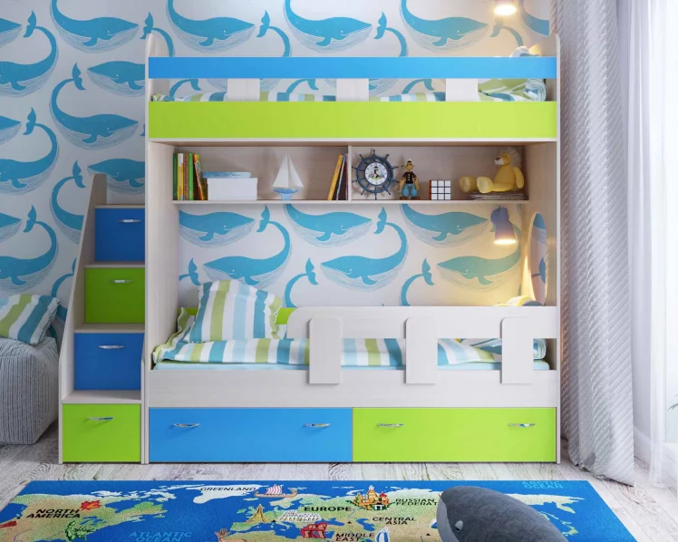 Кровать Юниор 1 дуб,лайм,голубой_1