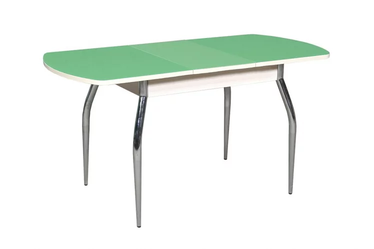 Стол раздвижной 1,45 Грация, СТЕКЛО, опоры изогнутые ХРОМ, Дуб беленый/Зеленое яблоко_1