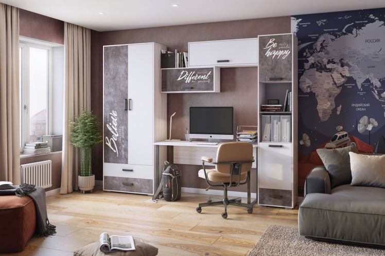 Кровать детская Оливер, 900*2000 мм, ясень анкор/камень темный с фотопечатью_1