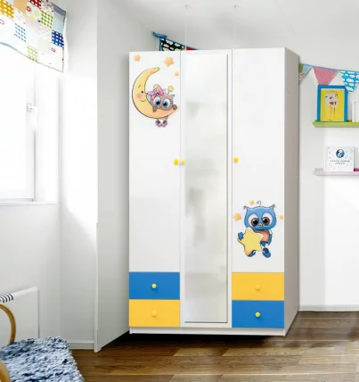 Шкаф 3-х дверный с ящиками и фотопечатью Совята 3.2 Белый/Ярко-розовый/Синий_0