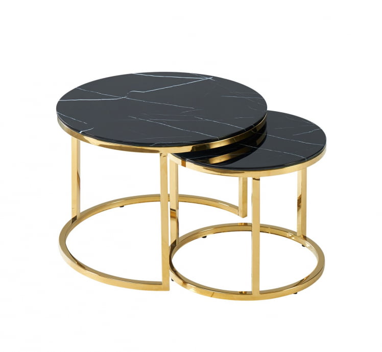 Журнальный столик Селена 60 и 45 см стекло Черный мрамор сталь золото_0