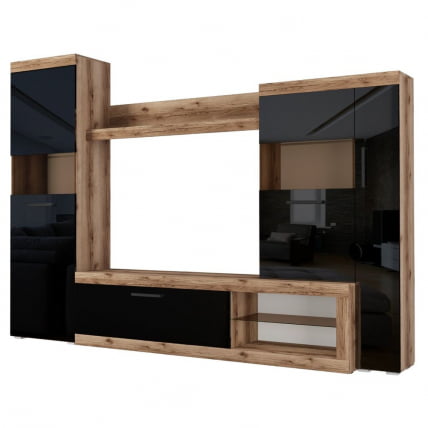 Стенка Бастон Дуб делано/Черный глянец_0