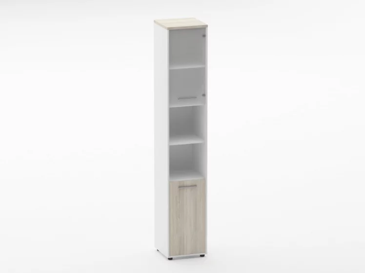 Шкаф 5 узкий верх стеклянная дверь, низ закрытый, две полки открытые Deka 10.23.19Пр Дуб Сантана светлый/Белый_0