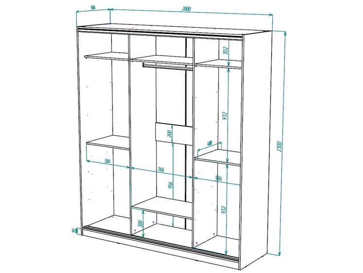 Шкаф-купе 2-х дверный Виктория 2000х584х2300, Белый 20ДЗЗЗДЗЗЗ-ПППЯ-Б 310-1694_2