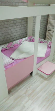 Кровать Теремок с ящиком и ступенькой Белая-Розовый_2