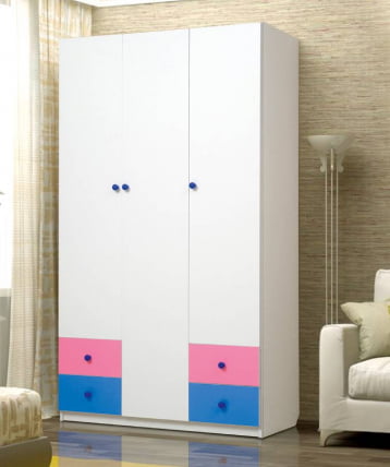 Шкаф 3-х дверный с ящиками Радуга Белый/Ярко-розовый/Синий_0