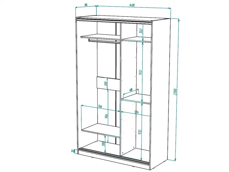 Шкаф-купе 2-х дверный Виктория 1400х584х2300, Дуб сонома светлый 14ДЛЛЛДЗЗЗ-Дсс 310-41_2