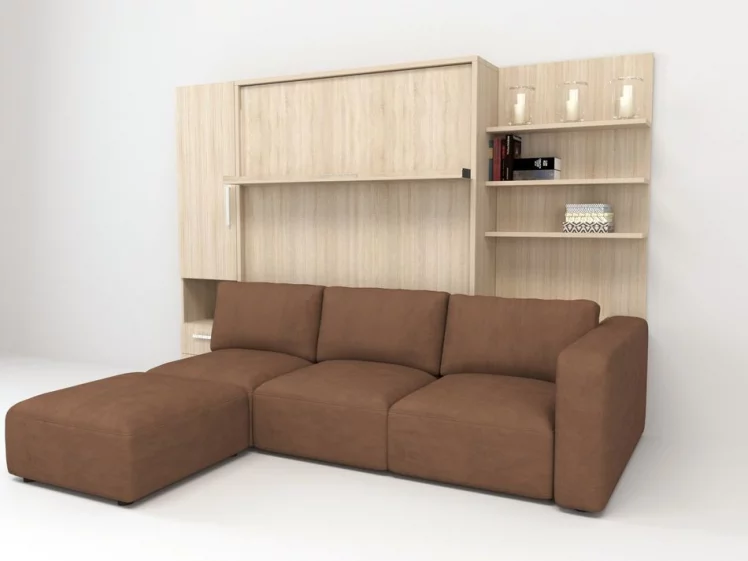 Шкаф-диван-кровать Смарт 1 левый с полкой и пуфом 1600 Дуб молочный_0