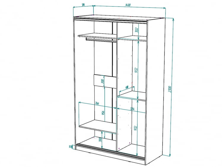Шкаф-купе 2-х дверный Виктория 1400х584х2300, Белый 14ДЗДЗ-ПЯ-Б 310-163_2