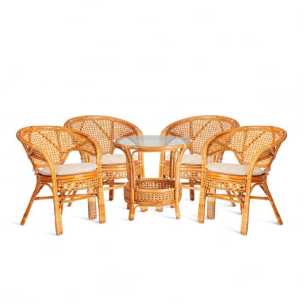Комплект PELANGI 02/15 ( стол со стеклом + 4 кресла ) [с подушками] ротанг, кресло 65х65х77см, стол диаметр 64х61см, Honey (мед)_0