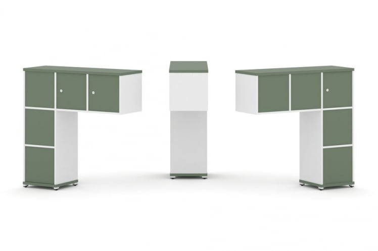 Надставка на стол низкая двухсторонняя + задняя стенка (5 шт.) + блок с 1-м ящиком (2 шт.) + распашной фасад (3 шт.) CONCEPT CN.DNN-006 Кобо Белый бриллиант Белый металл_0