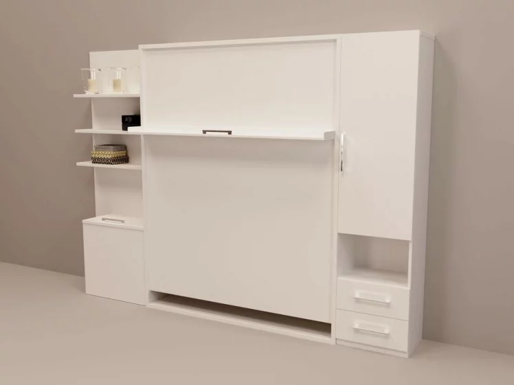 Шкаф-кровать Смарт 1 с полками 1400 левый Белая шагрень_0