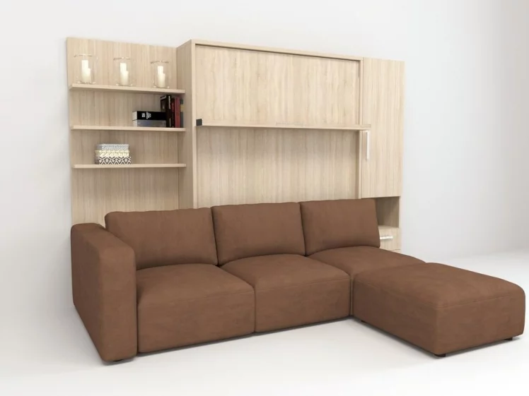 Шкаф-диван-кровать Смарт 1 правый с полкой и пуфом 1400 Ясень шимо темный_0