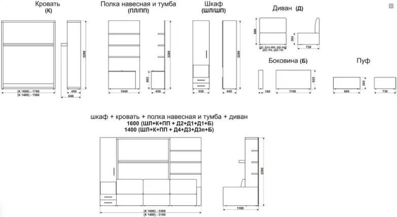 Шкаф-диван-кровать Смарт 1 правый с полкой и пуфом 1400 Дуб молочный_2