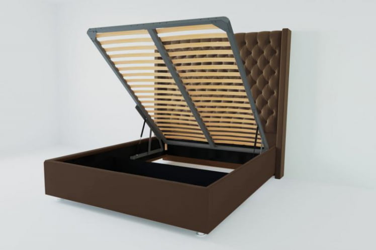 Мягкая интерьерная кровать "Версаль Люкс" с подъемным механизмом Материал фасада: Искусственная кожа; Спальное место: 1200х2000 мм; Цвет фасада: Коричневый; Цвет корпуса: Коричневый _0