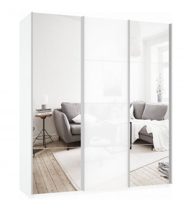 Шкаф-купе трехдверный Прайм 2100 Зеркало/Белое стекло/Зеркало Белый снег_0