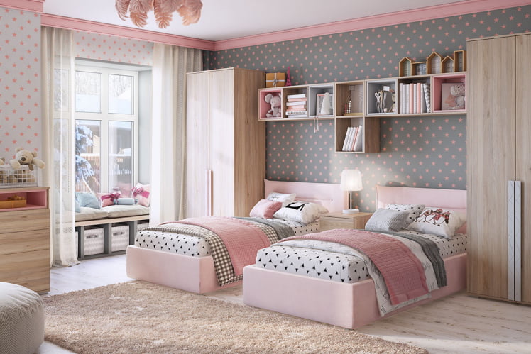 Комплект детской мебели Лайк К122 дуб мария/роуз/галька/нежно-розовый (велюр)_0