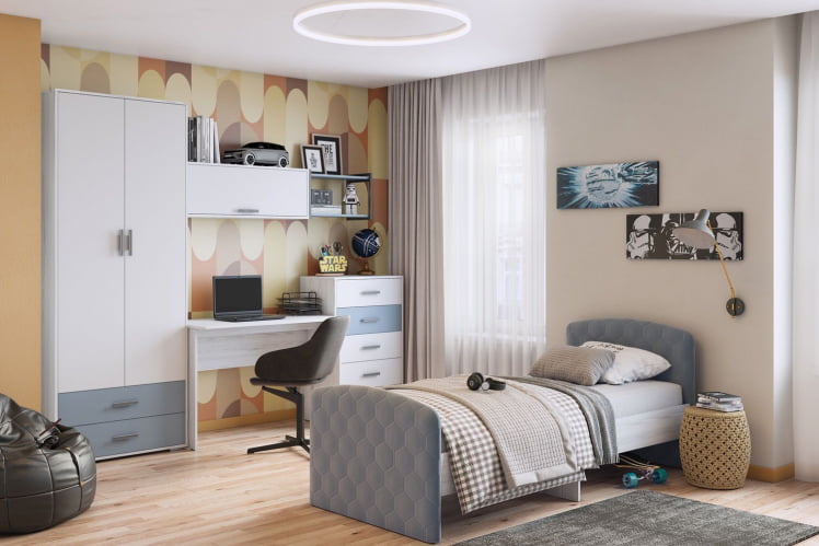 Кровать детская Стич с мягкими спинками, ясень анкор светлый/велюр NEO 25_1