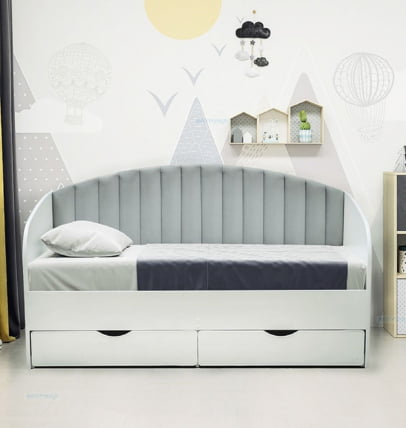 Кровать с продольной мягкой спинкой Софа №12 (800х1600) Ясень Анкор светлый Велюр 336_0