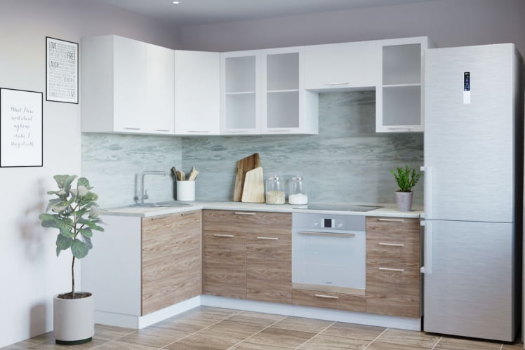 Гарнитур кухонный 1400*2400 (врезная мойка) белый грунт/ель карпатская_0