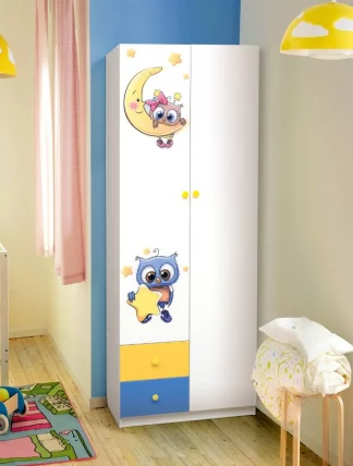 Шкаф 2-х дверный с ящиками, зеркалом и фотопечатью Совята 2.1 Белый/Лайм/Синий_0