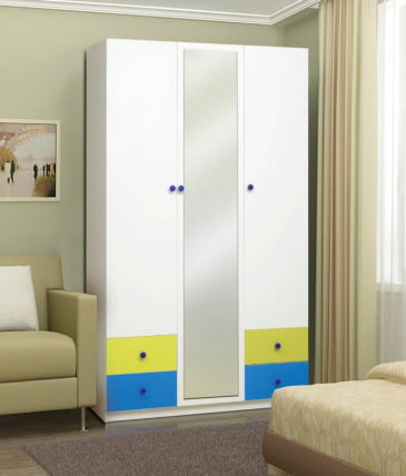 Шкаф 3-х дверный с ящиками и зеркалом Радуга Белый/Оранжевый/Желтый_0