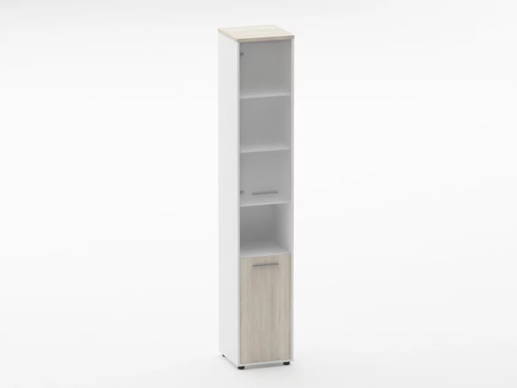 Шкаф 5 узкий верх стеклянная дверь, низ закрытый, с нишей Deka 10.23.18Л Дуб Сантана светлый/Белый_0