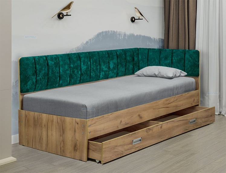 Кровать с продольной мягкой спинкой (правая) Софа №15 (800х2000) Дуб Крафт белый Велюр 108_0