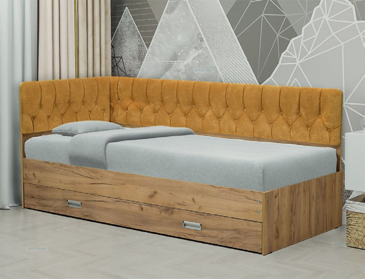 Кровать с продольной мягкой спинкой (левая) Софа №16 (900х2000) Дуб Крафт золотой Велюр 336_0