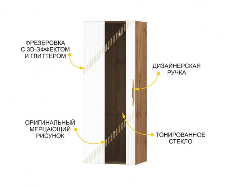 Шкаф-витрина малый (лев/прав) Монако 606.07 Дуб Вотан / Белый шпон/ Альпийский белый_2