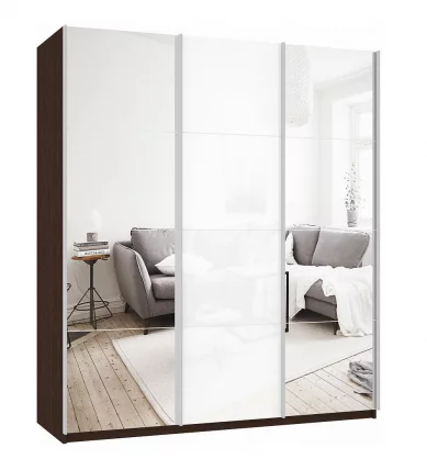 Шкаф-купе трехдверный Прайм 2100 Зеркало/Белое стекло/Зеркало Венге_0